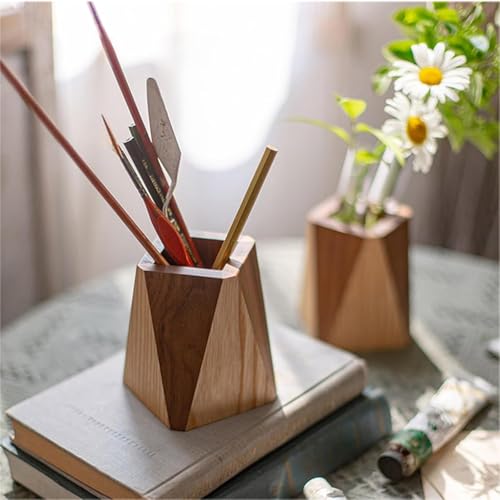 Image of ᵀᴹ Diamond Shaped Wooden Pencil /Pen Holder -Cherry & Sheesham Wood Desk Organizer, Wooden Minimalist Pen Box, Home Office Decor, Gift for Kids (Cherry & Sheesham)