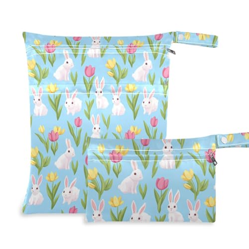 Coikll Wet Dry Bags for Cloth Diaper 2 Pack Waterproof Yoga Gym Bag for Swimsuit Wet Clothes Baby Items-?Tulips Bunnies?