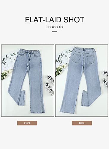 Asvivid Womens Casual High Waisted Flare Jeans Wide Leg Slit Ankle Bell Bottom Denim Pants Sky Blue 10 - Image 5