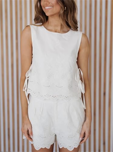 Yuemengxuan Women Tie Side Tank Top Shorts 2 Piece Outfits Set Sleeveless Floral Embroidered Crop Cami Top Shorts Pajamas Set3