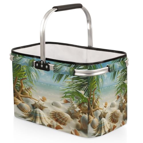 Tablerazzi Ocean Folding Picnic Basket Large Reusable Shopping Basket Seashell Palm Tree Collapsible Grocery Bag with Handle Aluminum Frame Market Basket