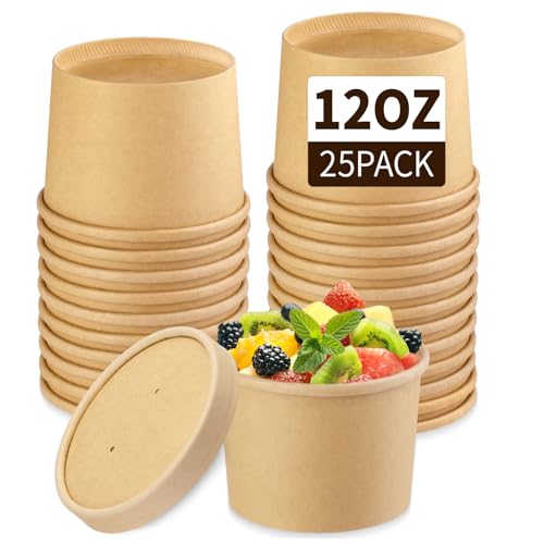 Image of Wuadua 25 Pack 12oz Paper Soup Cups with Lids Disposable Ice Cream Cups | Paper Dessert Cups with Lids Disposable Soup Cups Microwavable and Freezer Safe To Go Bowls with Lids for Hot, Soup Ice Cream