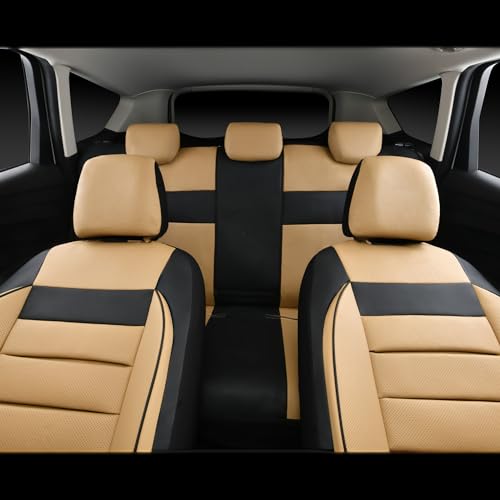 Image of CAR PASS Leather Seat Covers Full Set Universal Water Resistant 3D Foam Back Support, Luxury Comfort Automotive 5 Seat Covers All Season Fit for SUV,Sedan,Van, Airbag Compatible Elegance(Beige Black)