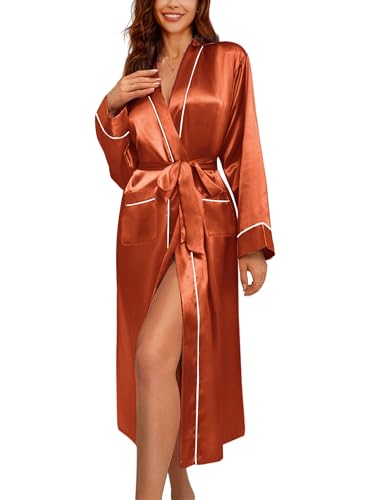 Image of Ekouaer Satin Robes for Women Long Sleeve Silk Bathrobe Soft Lightweight Full Length Sleepwear Bridesmaid Wedding Party Robes