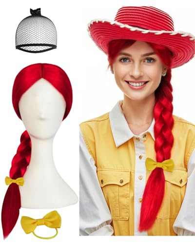 JoneTing 25inch Long Red Braided Wig Red Cowgirl Wigs Long Straight Red Wig