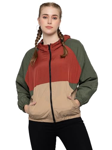 Image of CHKOKKO Womens Stylish Oversized Windcheater Jacket with Zip Closure Lightweight Sportswear for Running Travel Hiking Outdoor and Rainy Season Wear RustBegieOlive XXL