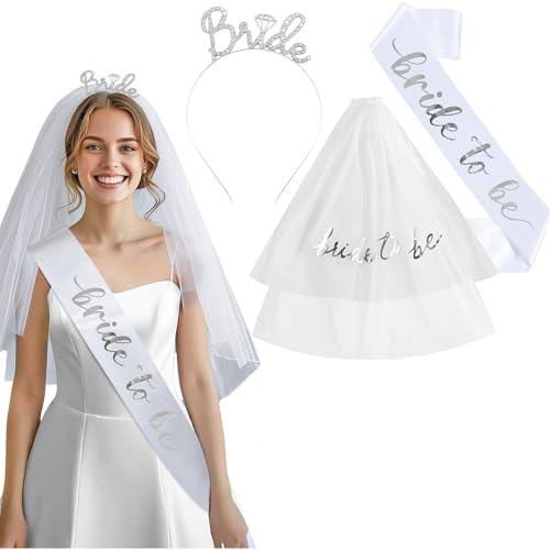 Mizznee Bride to Be Headband & Sash Set Wedding Veil Hair Accessories with Bridal Shower Headpiece Bachelorette Party Decor for Brides Photo Props and Bridal Shower Decorations توديع عزوبية