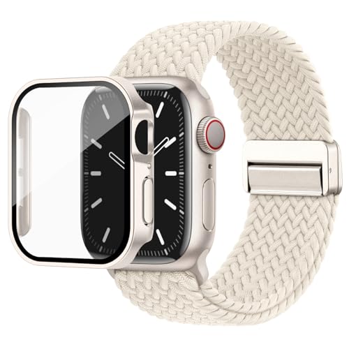 [Knossen] コンパチブル Apple Watch バンド ナイロン 編み込み 伸縮性 アップルウォッチ バンド マグネット 磁気 直角エッジ保護ケース付き Apple Watch ベルトとカバー 一体型 セット 耐衝撃 全面保護 装着簡単 スポーツ Series 9 8 7の41mmに対応