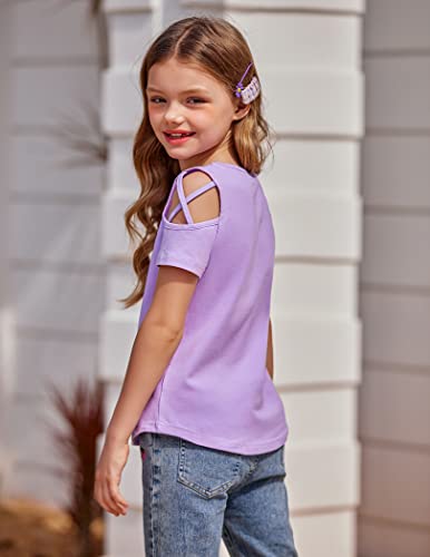 Greatchy Kids Girl's Summer Shirts Criss Cross Cold Shoulder Short Sleeve Round Neck Cute Blouse Pullover Top #TOP1