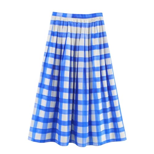 Women Plaid A-Line Skirt Lightweight High Waisted Zipper Long Skirt Slim Casua