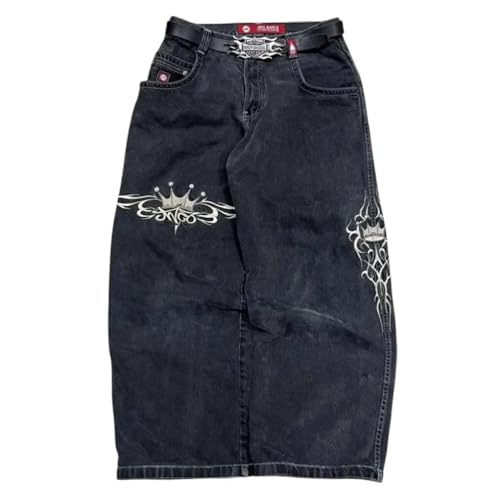 ORANDESIGNE Y2K Streetwear Homme Jeans Baggy Taille Basse Unisexe Pantalon Baggy Pantalon Cargo Décontracté Imprimé Hippie Denim Pantalon D Noir M