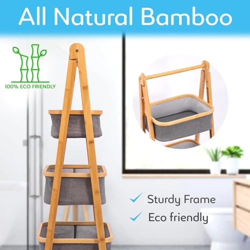 Image of Lukzer 3 Layer Foldable Bamboo Storage Rack with Fabric Baskets - Multipurpose Eco-Friendly Space-Saving Ladder Shelf Organizer for Laundry, Bathroom, Bedroom, Living Room & Closet (Grey) CH-151