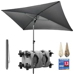 4smile Sonnenschirm Balkon SunnyShade 3-in-1 SET in Anthrazit - UPF 50+ Sonnenschirm rechteckig 200 x 125 cm + Sonnenschirmhalter Balkongeländer + Sonnenschirmhülle