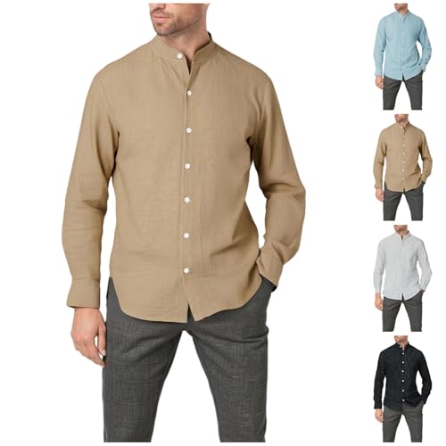 Cambkatl Stand Collat Linen Dress Shirts for Men Long Sleeve Stretch Formal Business Casual Button Down Wedding Prom Shirts2