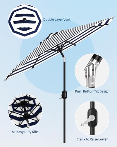 9FT Outdoor Patio Umbrella, Outdoor Table Umbrella, Market Umbrella with Push Button Tilt and Crank, 8 Sturdy Ribs UV Protection Waterproof for Garden, Deck, Pool (Light-blue-and-white striped)