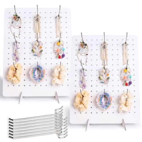 2 Pcs White Wooden Pegboard Display Stand with 20 Pcs Metal Hooks Retail Rack Pegboard Display Board Keychain Display Stand for Jewelry Craft Shows Selling Peg Board Accessories Organizer, 17