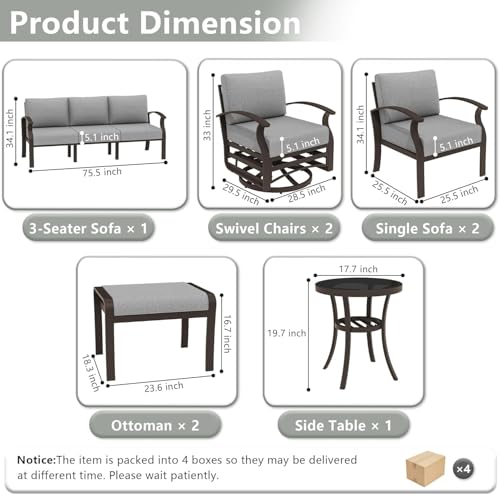 Image of Patio Furniture Set 9-Seat Aluminum Armrest Sofa, Aluminum Outdoor Furniture with 2 Swivel Chairs, 5 inch Cushions, Outdoor Sectional with High Backrest & 2 Footstools for Backyard, Poolside - Grey