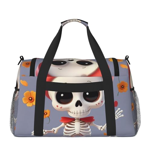 Cute Skeleton Dancing Print Travel Duffle Bag - Foldable Personal Item Travel Bag for Women & Men,Carry-On Convertible Crossbody Tote Bags with Adjustable Shoulder Strap & Pockets 13x10.2x19.7 in2