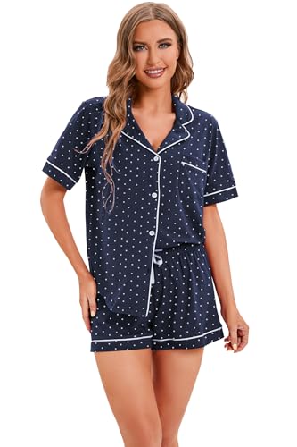 Image of LUBOT 100% Cotton Pajamas for Women 2 Piece PJ Set Button-Down Soft Knit Short Sleeve Summer Sleepwear Loungewear XS-XXL