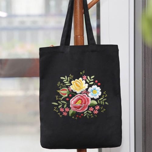 Image of KABAKE Canvas Tote Bag Embroidery Kit - Embroidery Kits for Beginners Combo with Tools - Black Floral Bag Include Stamped Bag, Threads & Tools