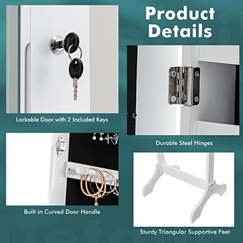 COSTWAY Touchscreen LED Lights Jewelry Cabinet with Full Length Mirror, 2-in-1 Floor Standing Lockable Jewelry Armoire, Adjustable Makeup Storage Organiser Unit for Bedroom Dressing Room (White)