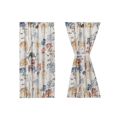 Image of MYSKY HOME Floral Linen French Door Curtains 40 inch Long Set of 2 for Front Door - Light Filtering Privacy Semi Sheer Window Curtains with Rod Pocket, Yellow, 24 inch W Each Panel