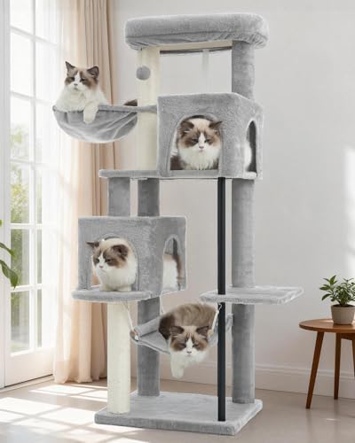Image of Gitelsnour Cat Tree Tower with Sturdy Steel Tube for Indoor Cats GCT014W | 51.2'' Cat Furniture with Scratching Posts, Hammock, Basket and Padding Top Platform for Inoor Cats Large Adult, Light Gray