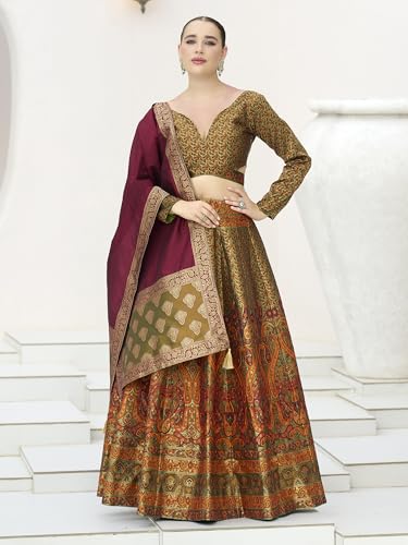 Image of PURVAJA Women's Kanjiwaram Semi-Stitched Lehenga choli