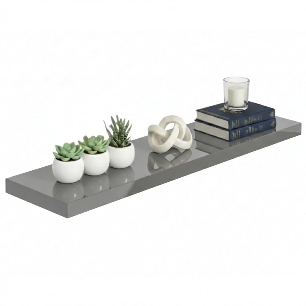 CASARIA® Floating Shelf 90cmx23cm Home and Kitchen Room Decor, Wall Shelving for Living Room, Office, Bathroom 38mm MDF with Hidden Wall Fixing, 15kg Floating Shelf Capacity | Gloss Grey — image 1