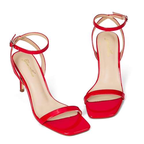 Image of GENSHUO Ankle Strap Square toe Heeled Sandals Red Size 10