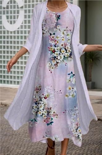 Boho Floral Two Piece Set for Women Crewneck Sleeveless Maxi Dress and Jacket Cardigan Casual Guest Outfit2