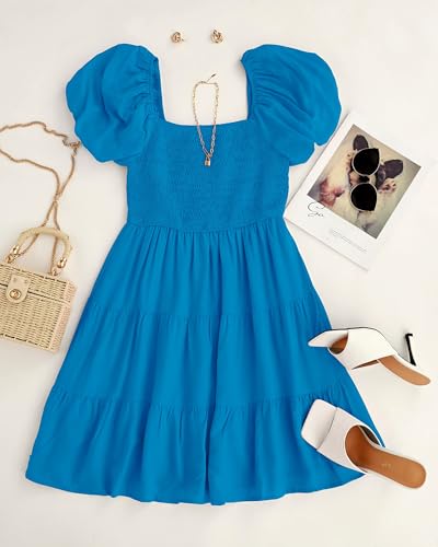 Image of ZESICA Women's Boho 2026 Summer Square Neck Puff Sleeve Off Shoulder Smocked Tiered Casual A Line Short Mini Dress