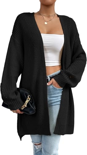 FEOYA Mujeres Frente Abierto Cardigans Oversized Prendas De Punto SuéTeres Acanalados Mujeres V Cuello Chaqueta De Punto con Manga Larga Abrigo De SuéTer Drapeado para SeñOras Negro XL