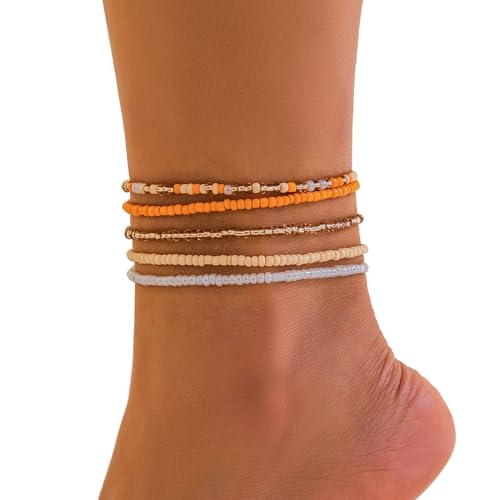 Image of 5Pcs Summer Beach Bead Anklet Bracelet,Multi-layered Pearl Anklets,Bikini Foot Chain Bracelet Wedding Bridal Adjustable Leg Bracelet Jewelry for Women Girls