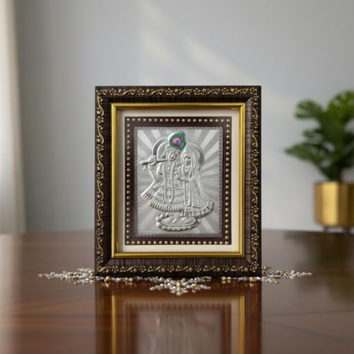 Image of BHAGWATIJEWELS Silver Coating Radhakrishna Frame | Divine Home Decor | Wall Mount Square Photo Frame for Gift, Wooden Square PhotoFrame for Temple | tabletopframe (5 inch x 5.50 inch Inch)