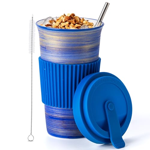 TIANNA VALLEY Travel Coffee Mug Blue, Tasse à café en céramique avec couvercle et paille (15oz/450ml), Tasse de voyage fantaisie fabriquée à la main,...