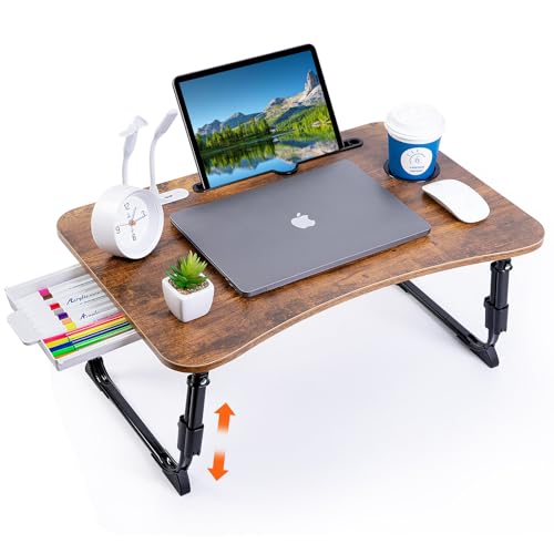 Laptop Desk for Bed, Height Adjustable Laptop Bed Table, Foldable Portable Lap Desk Stand with USB/Storage Drawer/Cup Holder/Slot, Breakfast Tray for Working Reading Writing Eating