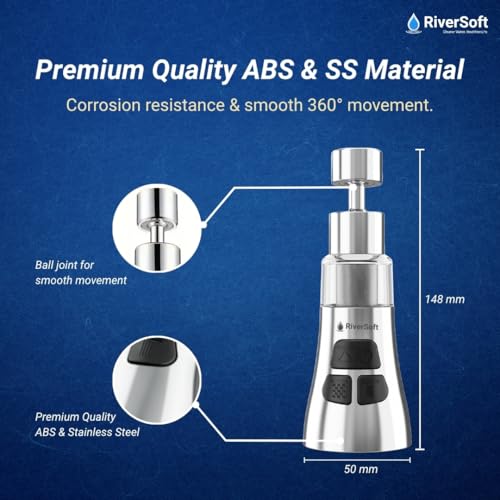 Image of RiverSoft ECOBLU EDGE EB-05 720 Rotating Kitchen Tap Filter | 3-Mode Anti-Splash Tap Extender for Kitchen & Home Sink | High-Pressure Water Saver Nozzle with Stainless Steel Filter