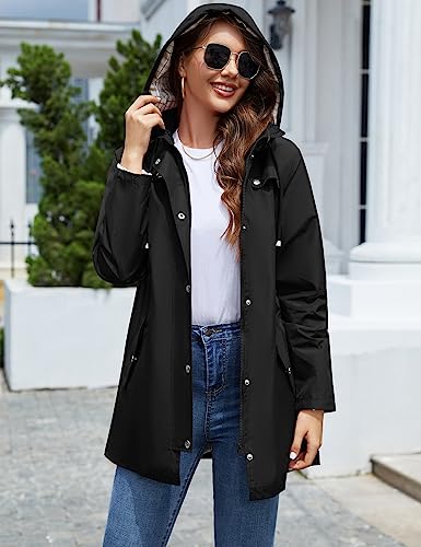 Lomon Women Rain Jacket Lightweight Hooded Jackets Women Lined Trench Coats Waterproof Outdoor Hiking Raincoat Black M thumb #3