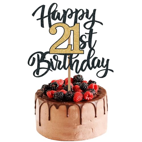 SUWOW 21st Birthday Cake Topper Black Gold Glitter Cheers to 21 Years
