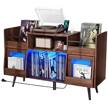 Loomie XL Record Player Stand,Turntable Stand Shelf with with Power Outlet and LED Light,Vinyl Record Storage Cabinet Up to 500 Albums, Wood Record Player Holder Table for Living Room