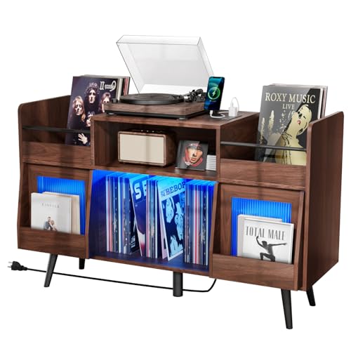 Loomie XL Record Player Stand,Turntable Stand Shelf with with Power Outlet and LED Light,Vinyl...