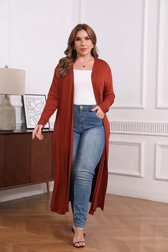 Image of Women Plus Size Floor Length Open Front Drape Cardigan Lightweight Long Sleeve Maxi Duster with Pockets 1X-5X