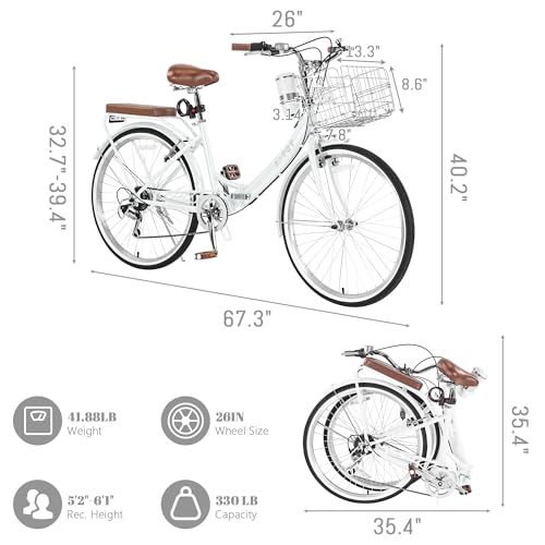 Image of 24 /26 Inch Folding Beach Cruiser Bike for Women, 7-Speed Foldable Bicycle with Basket & Cup Holder, Adult Commuter Bike with Adjustable Seat, Dual V-Brake System