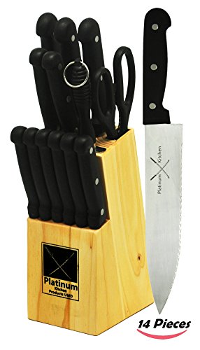 14 Piece Knife Set Chef Knife, Bread Knife, Carving Knife, Utility Knife, Paring Knife, Steak Knife, Scissors Cutlery Set For Chefs, Cooks, Commercial Kitchens, Homes, Culinary Schools Platinum UMD