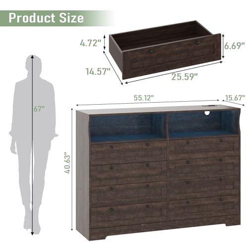 Rustic Brown Dresser for Bedroom Deep Drawers, 55 Inch Tall Wooden Bedroom Dressers with Power Outlet and Led Lights, Large Modern 8 Drawers Dressers and Tv Stand Dresser for Living Room, Hallway