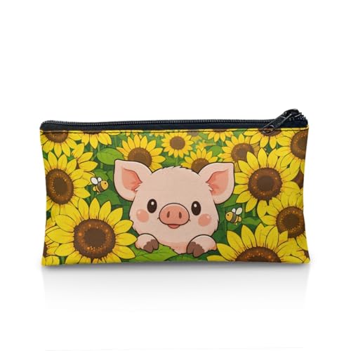 Image of Sunflower Pig Pencil Case Cute Pencil Pouch with Zipper Simple Design Pen Organizer for Toddlers Girls Cute Crayon Pouch for Painting Lesson