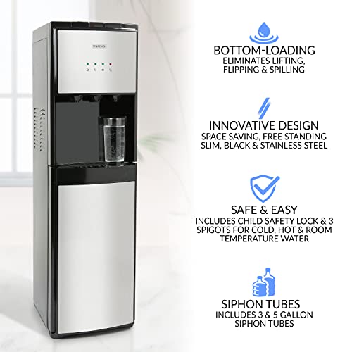 Igloo Iwcbl353Crhbks Stainless Steel Hot, Cold & Room Water Cooler Dispenser, Holds 3 & 5 Gallon Bottles, 3 Temperature Spouts, No Lift Bottom Loading, Child Safety Lock, Black/Stainless #TOP1