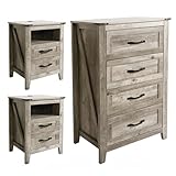 NEDYO 3PCS Dresser and Nightstand Sets, Farmhouse Dresser Set, 4 Drawer Dresser and 2 Drawer Nightstand Set of 2 with USB, Rustic Wooden Dresser Set for Bedroom. Light Rustic Oak