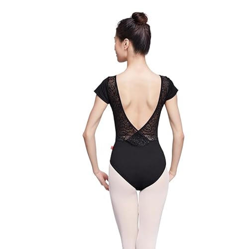 HEARTTOUCH Gymnastikbody Damen Turnanzug Turntrikot Kurzarm Ballett Tanzbody Spitze Trikots Bodysuit Rückenfrei Gymnastikanzug Tanzbekleidung (Schwarz,S)